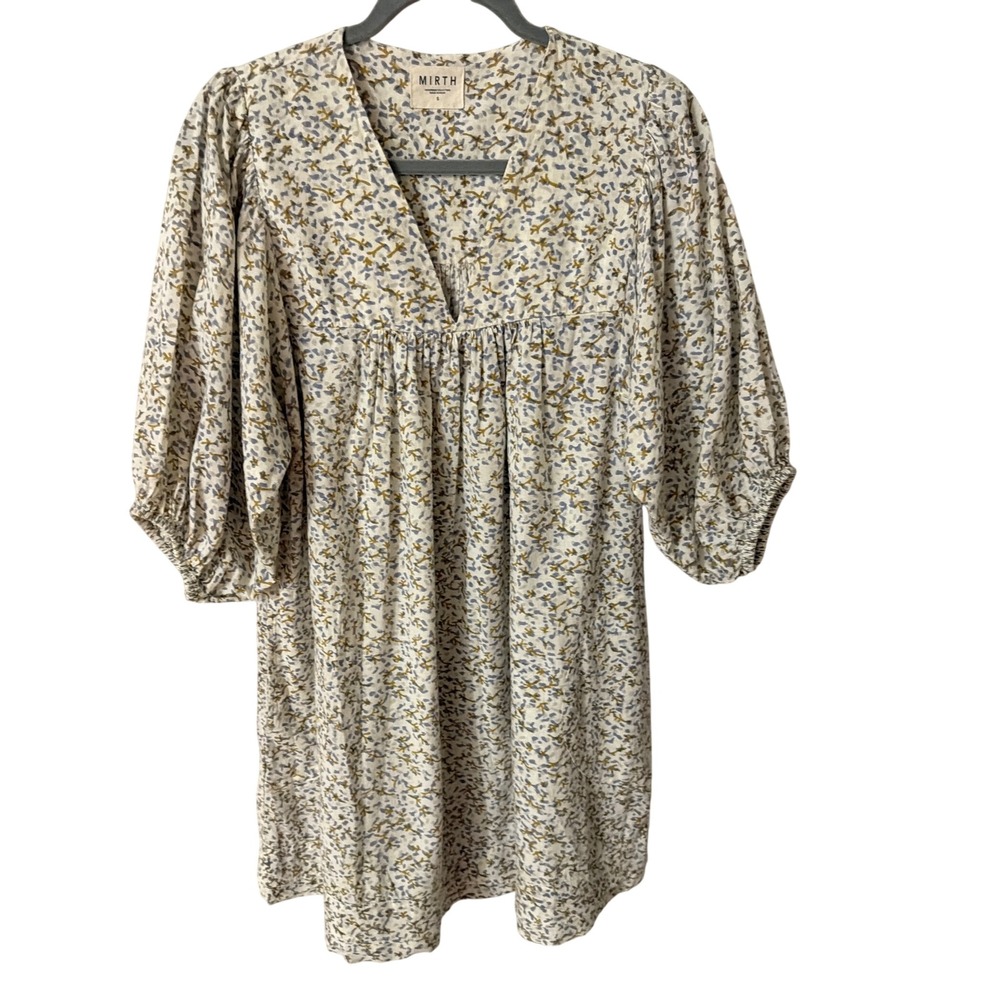 MIRTH Belem Dress Sandstone Coral Floral Cotton V-Neck Puff Sleeve Pockets Sm - Picture 2 of 9